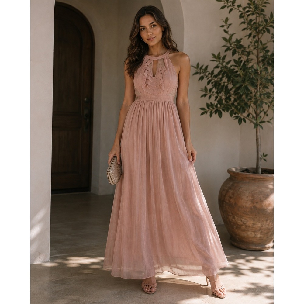 BCBGeneration Dress Womens‎ 12 Pink Maxi Lace Ruffle Halter Romantic Formal